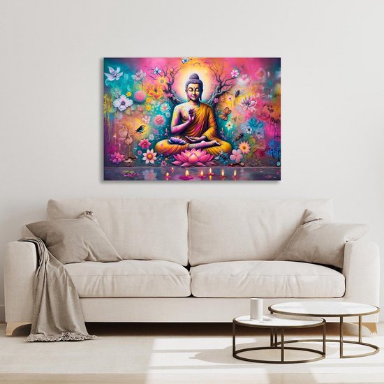 Magnifique peinture acrylique sur verre « Le Temps du Bouddha » – Décoration murale Bouddha avec Fleurs