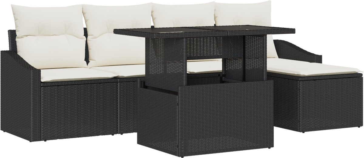 vidaXL - Tuinbank - Set - met - kussen - 6 - pcs - Zwart - en - crème