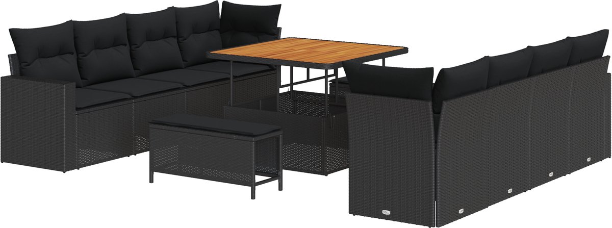 vidaXL - Tuinbank - Set - met - kussen - 12 - pcs - Zwart - poly - rattan