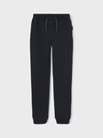Navy joggingbroek met grijze veterdetails en merklabel aan de zijkant.