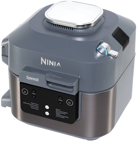 Grijze Ninja Speedi multicooker met geborsteld metalen accenten. Digitaal bedieningspaneel.