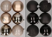 12x stuks kunststof kerstballen mix van champagne en zwart 8 cm - Kerstversiering