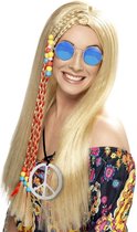Dames Flower Power Hippie Sixties verkleed set blonde pruik en ronde blauwe bril en peace teken ketting