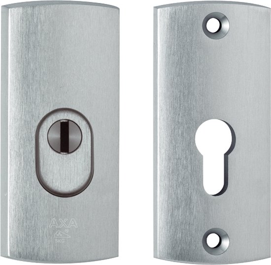 Twee geborsteld metalen rozetten voor deuren, één met sleutelgat en AXA logo, de ander met sleutelgat en schroefgaten.