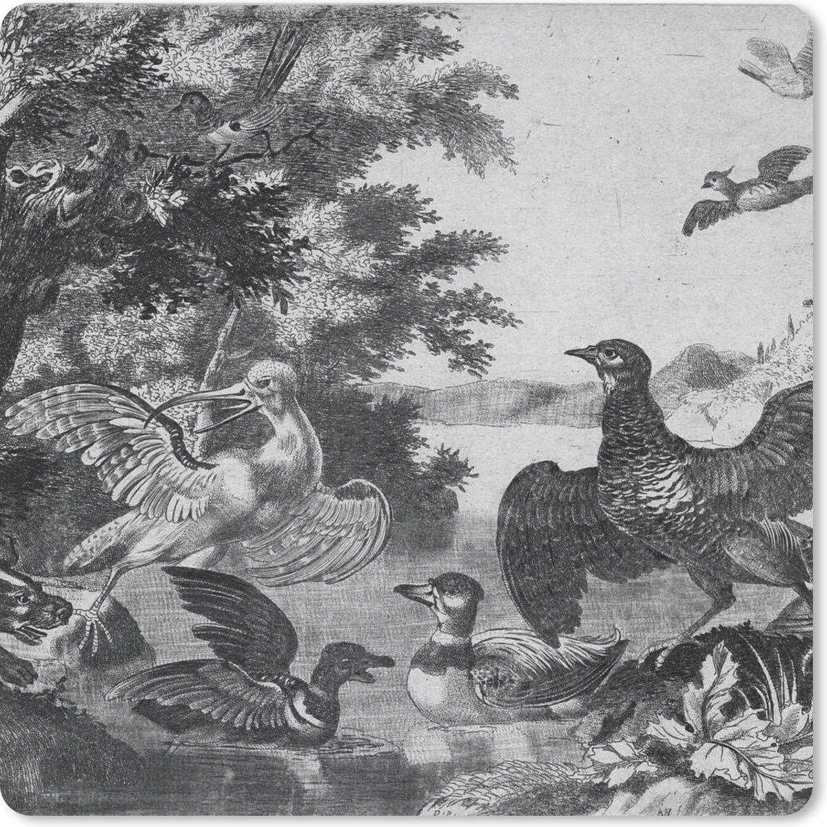Muismat XXL 40x40 cm - Bureau onderlegger - Bureau mat Watervogels en een hond - Melchior d'Hondecoeter - Bureaumat - Gaming mousepad xl - Bureaulegger groot - Computer deskmat