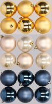 18x stuks kunststof kerstballen mix van donkerblauw, champagne en goud 8 cm - Kerstversiering