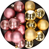 24x stuks kunststof kerstballen mix van goud en oudroze 6 cm - Kerstversiering
