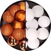 24x stuks kunststof kerstballen mix van oranje en wit 6 cm - Kerstversiering