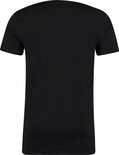 Achterkant van een zwart T-shirt met ronde hals.