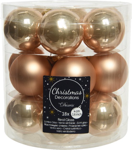 Paquet de 18 boules de Noël en verre, couleur caramel, 4 cm de diamètre.