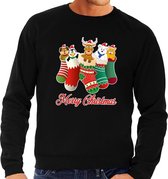 Foute Kersttrui / sweater kerstsokken met diertjes - Merry Christmas - zwart voor heren XXL