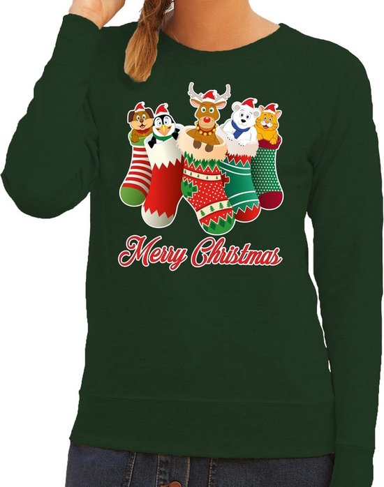 twee vaak Trouw Foute Kersttrui / sweater kerstsokken met diertjes - Merry Christmas -  groen voor dames XL | bol.com