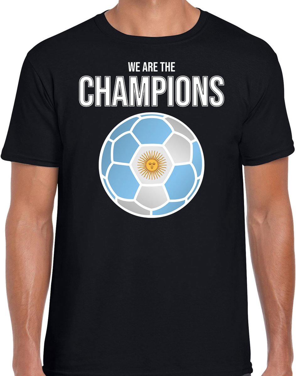 Argentinie WK supporter t-shirt - we are the champions met Argentijnse voetbal - zwart - heren - kleding / shirt L