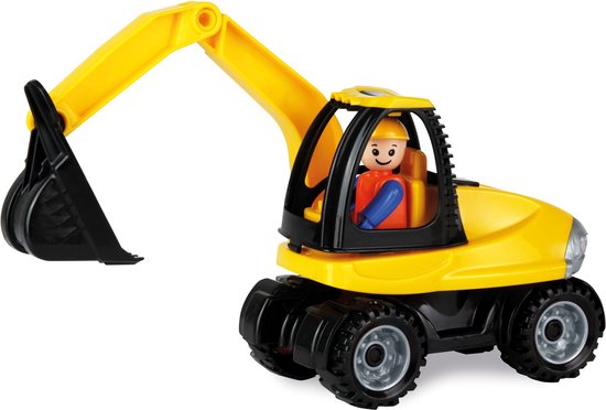 Gele graafmachine speelgoed met een bouwvakker figuur en een beweegbare bak, op witte achtergrond.