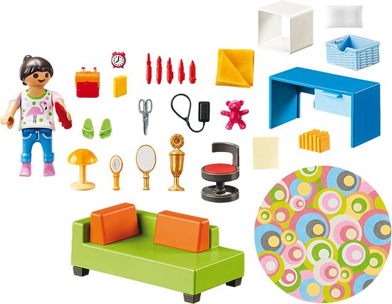 Losse onderdelen van PLAYMOBIL speelgoedkamer, waaronder een figuur, bank, bureau en accessoires.