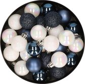 28x stuks kunststof kerstballen parelmoer wit en donkerblauw mix 3 cm - Kerstboomversiering