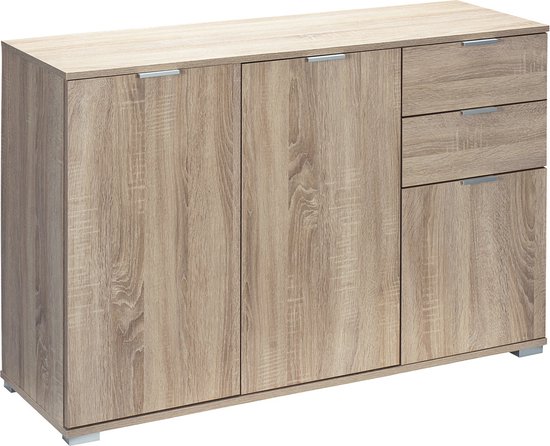 Dressoir met eikenprint, 3 deuren en 3 laden. Metalen handgrepen.