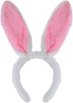 Konijnen/bunny oren wit met roze voor volwassenen 29 x 23 cm - Feest diadeem konijn/paashaas - Paas verkleedkleding