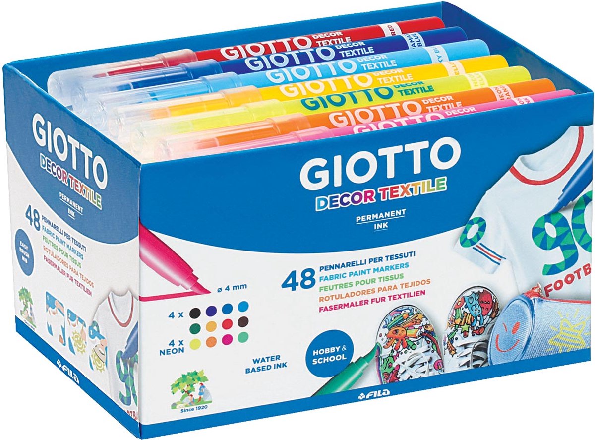 Giotto Decor Textile textielstiften, schoolpack met 48 stuks in geassorteerde kleuren 4 stuks