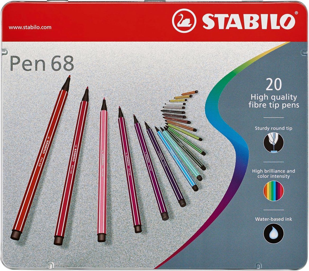 STABILO Pen 68 viltstift, metalen doos van 20 stiften in geassorteerde kleuren 5 stuks