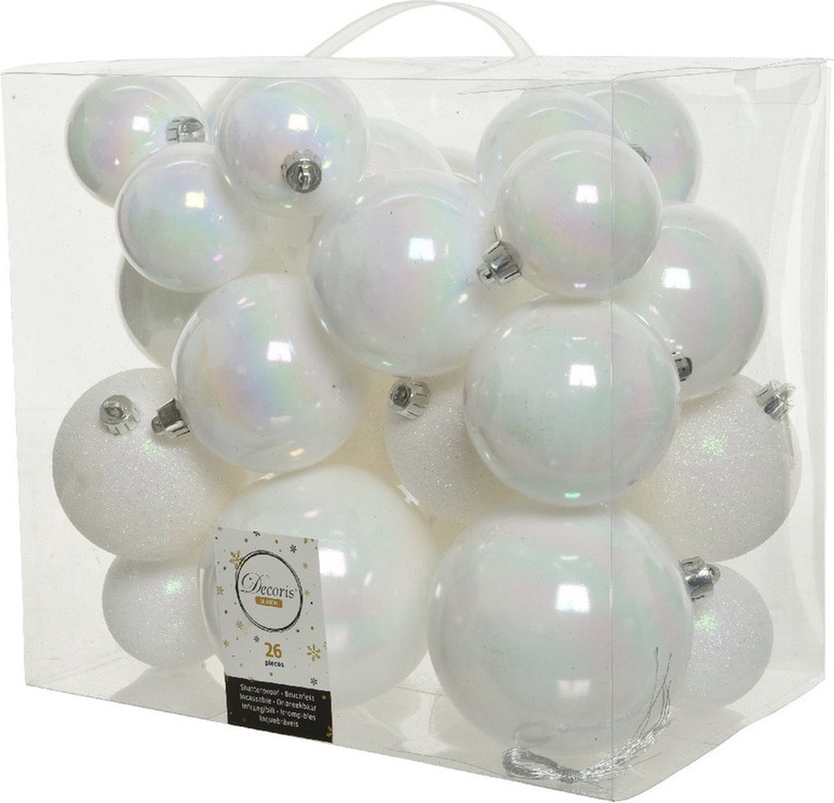 Set van 26 parelmoer witte kerstballen in verschillende maten.