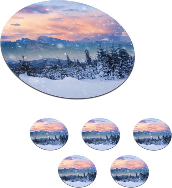 Onderzetters voor glazen Rond Sneeuw Lucht Bos Winter 10x10