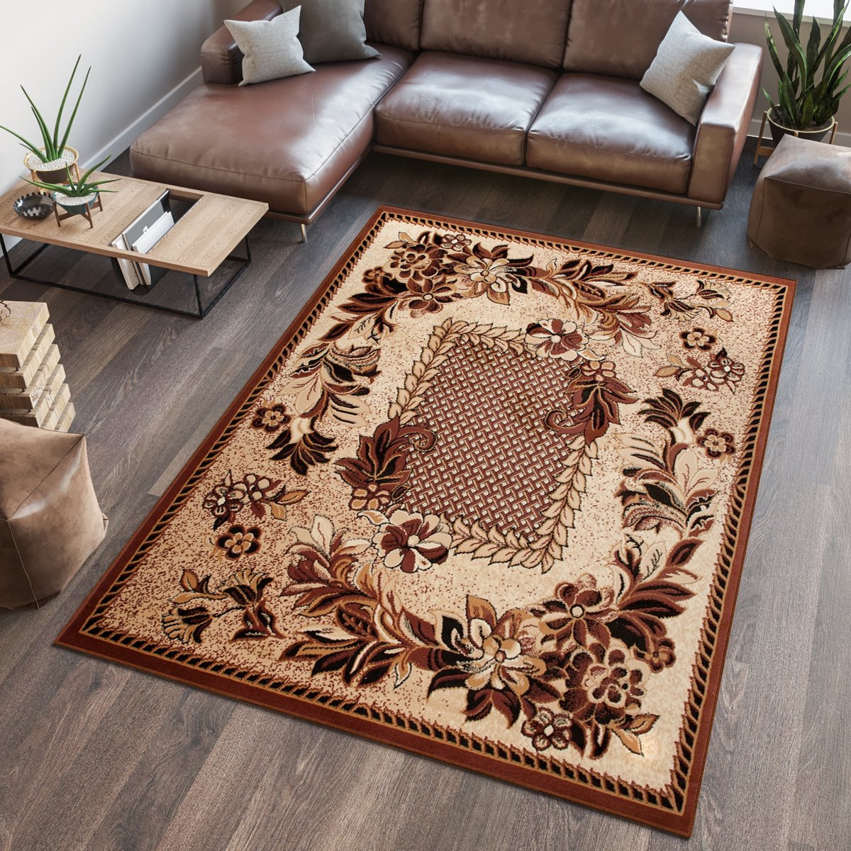 Tapiso Atlas PP Vloerkleed Bruin Gebloemd Woonkamer Tapijt Maat- 140x200