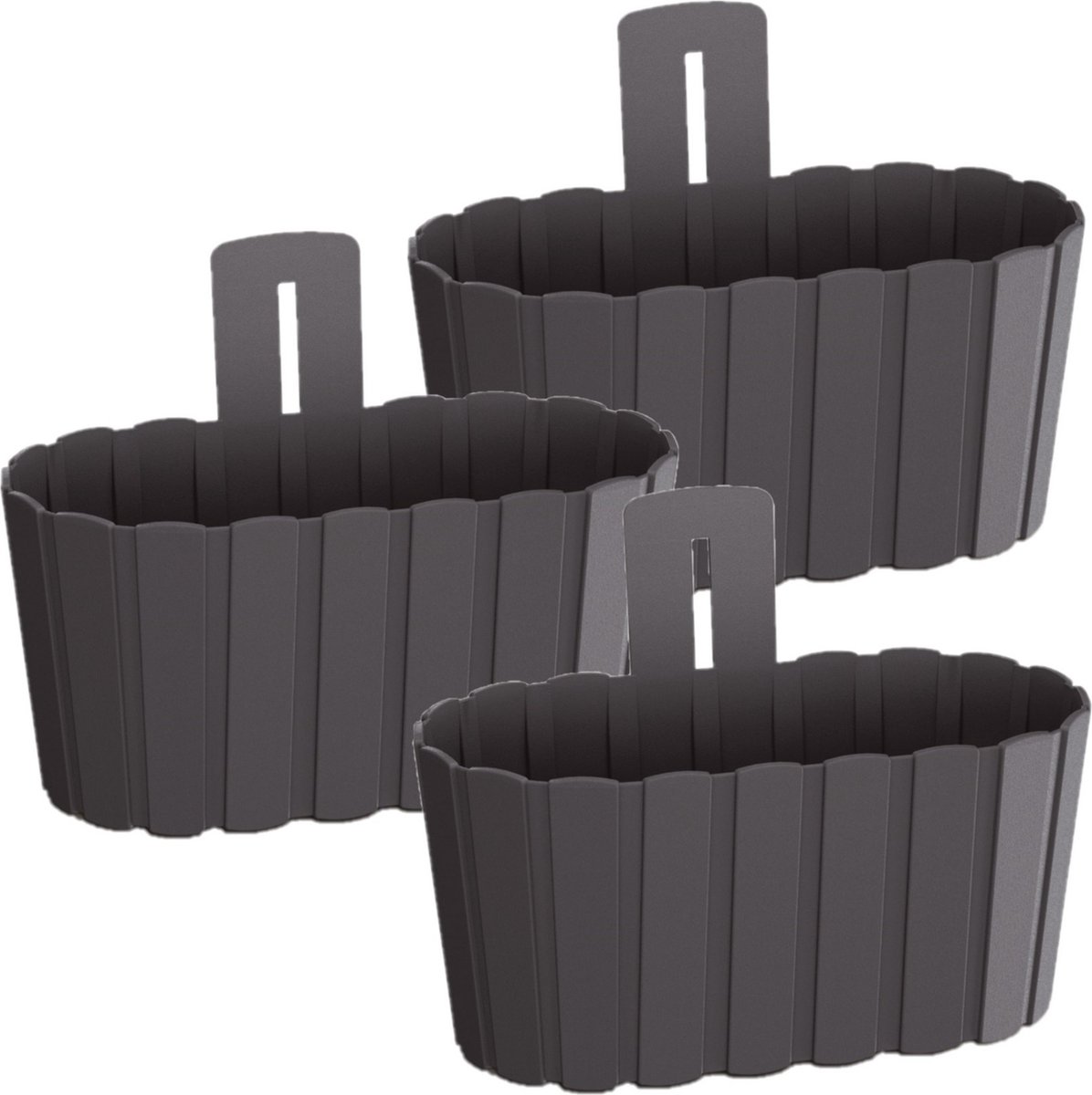 Prosperplast Muur plantenpot - Set van 3x stuks - houtlook - kunststof - 27x15 cm - antraciet - binnen/buiten - bloempot