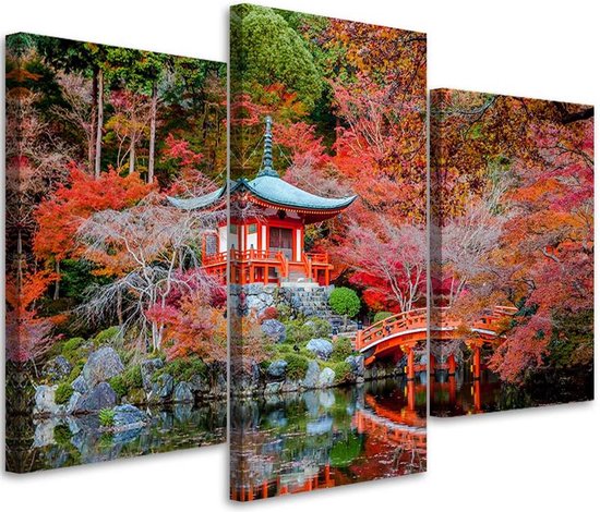 Trend24 - Canvas Schilderij - Japanse Tuin - Drieluik - Landschappen - 90x60x2 cm - Rood