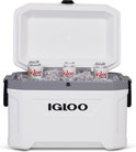 Witte Igloo koelbox met open deksel, gevuld met ijs en drie blikjes.