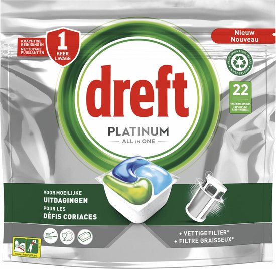 Dreft Platinum All In One Tablettes pour lave-vaisselle - Pack économique 5  x 22 pièces | bol