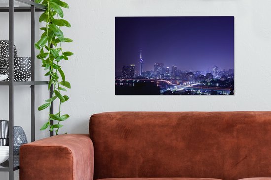 Skyline nocturne de la ville japonaise de Fukuoka Toile 90x60 cm - Tirage photo sur toile (Décoration murale salon / chambre) / Villes asiatiques Peintures sur toile