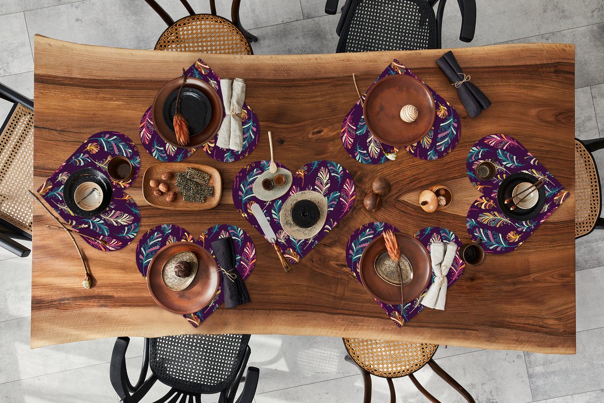 Onderleggers - Placemats - Placemats hartje - Puber - Veren - Boho - Patronen - 8 stuks
