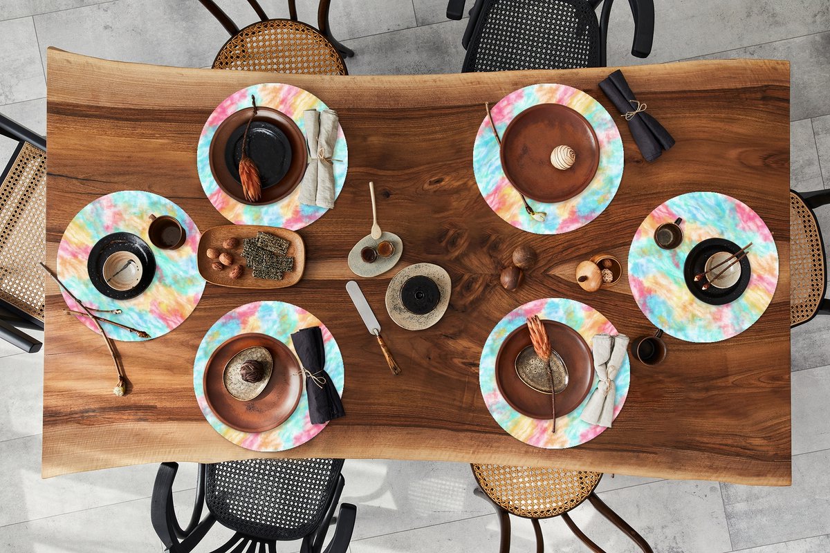 Ronde placemats - Onderlegger - Placemats rond - Textiel - Tie dye - Verf - Patronen - 6 stuks