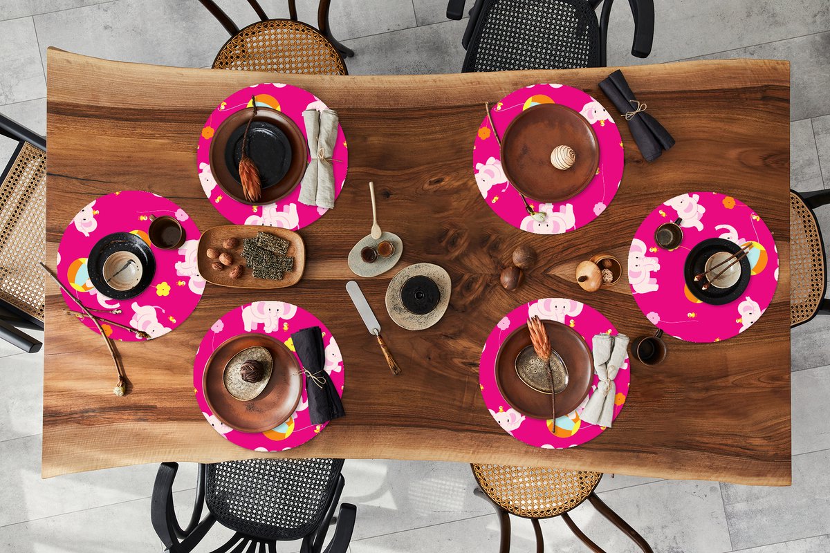 Ronde placemats - Onderlegger - Placemats rond - Olifant - Bloemen - Patronen - 6 stuks