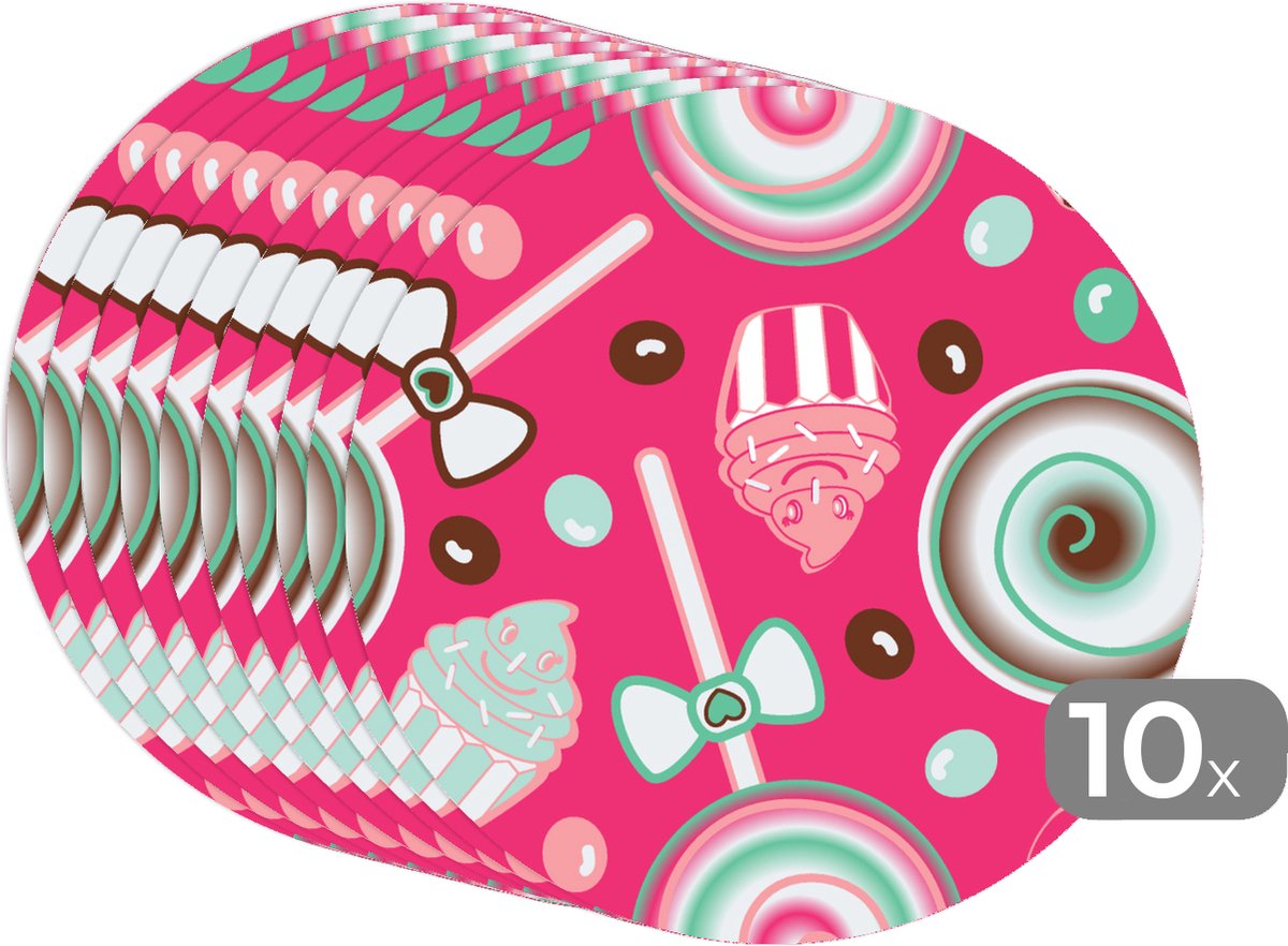 Ronde placemats - Onderlegger - Placemats rond - Design - Snoep - Candy - Roze - 10 stuks