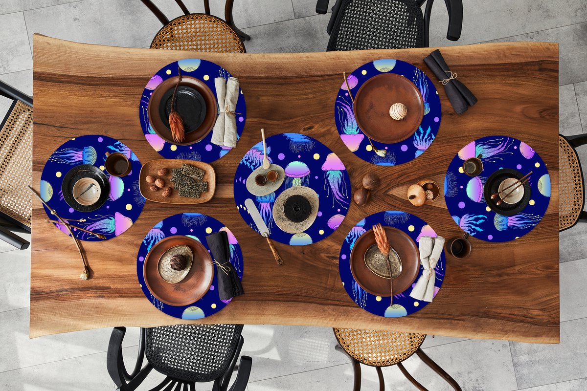 Ronde placemats - Onderlegger - Placemats rond - Kwallen - Patronen - Zeedieren - Neon - 10 stuks