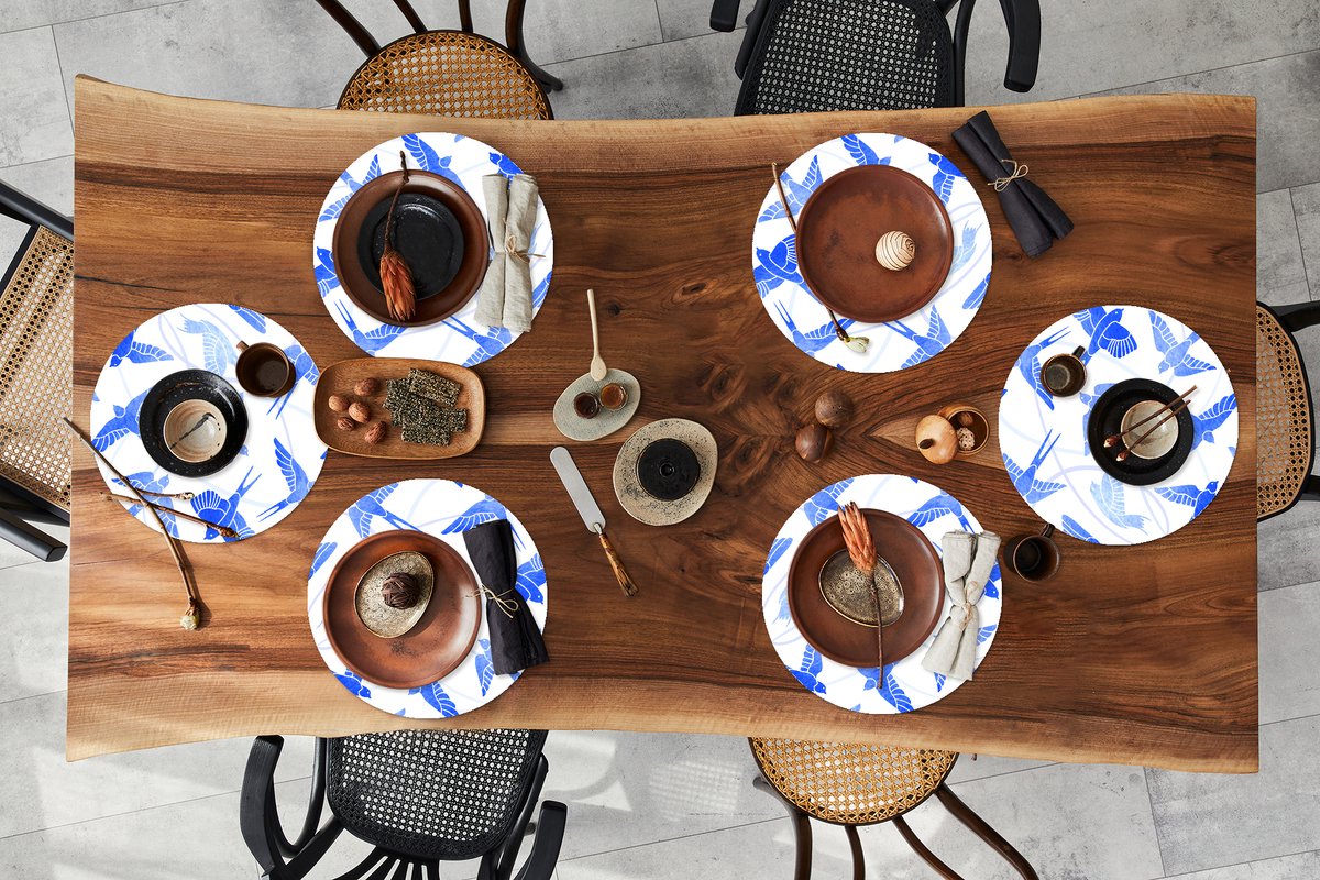 Ronde placemats - Onderlegger - Placemats rond - Patroon - Blauw - Vogel - 6 stuks
