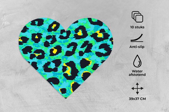 Onderleggers - Placemats - Placemats hartje - Panterprint - Neon - Dieren - Design - 10 stuks