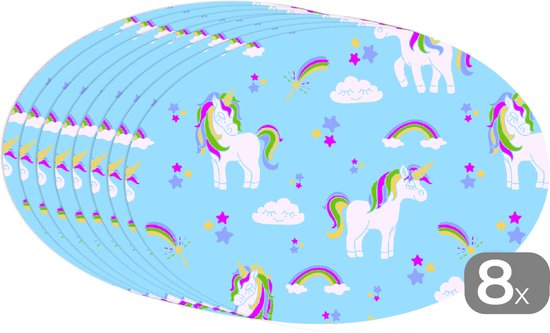 Napperons ovales - Sets de table - Sets de table ovales - Unicorn - Arc-en-ciel - Motifs - Enfant - 8 pièces