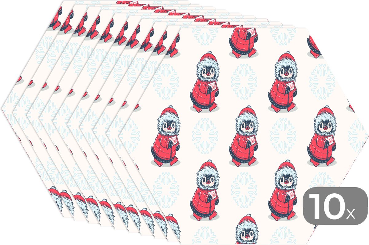 Placemats hexagon - Onderleggers placemats - Placemat zeshoek - Pinguïn - Sneeuw - Brief - Kerst - Patronen - 10 stuks - Kerst - Cadeau - Kerstcadeau voor mannen, vrouwen en kinderen