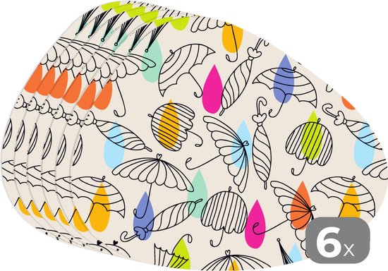 Set de table bio - Napperons bio - Pads - Pastel - Parapluie - Motifs - 6 pièces