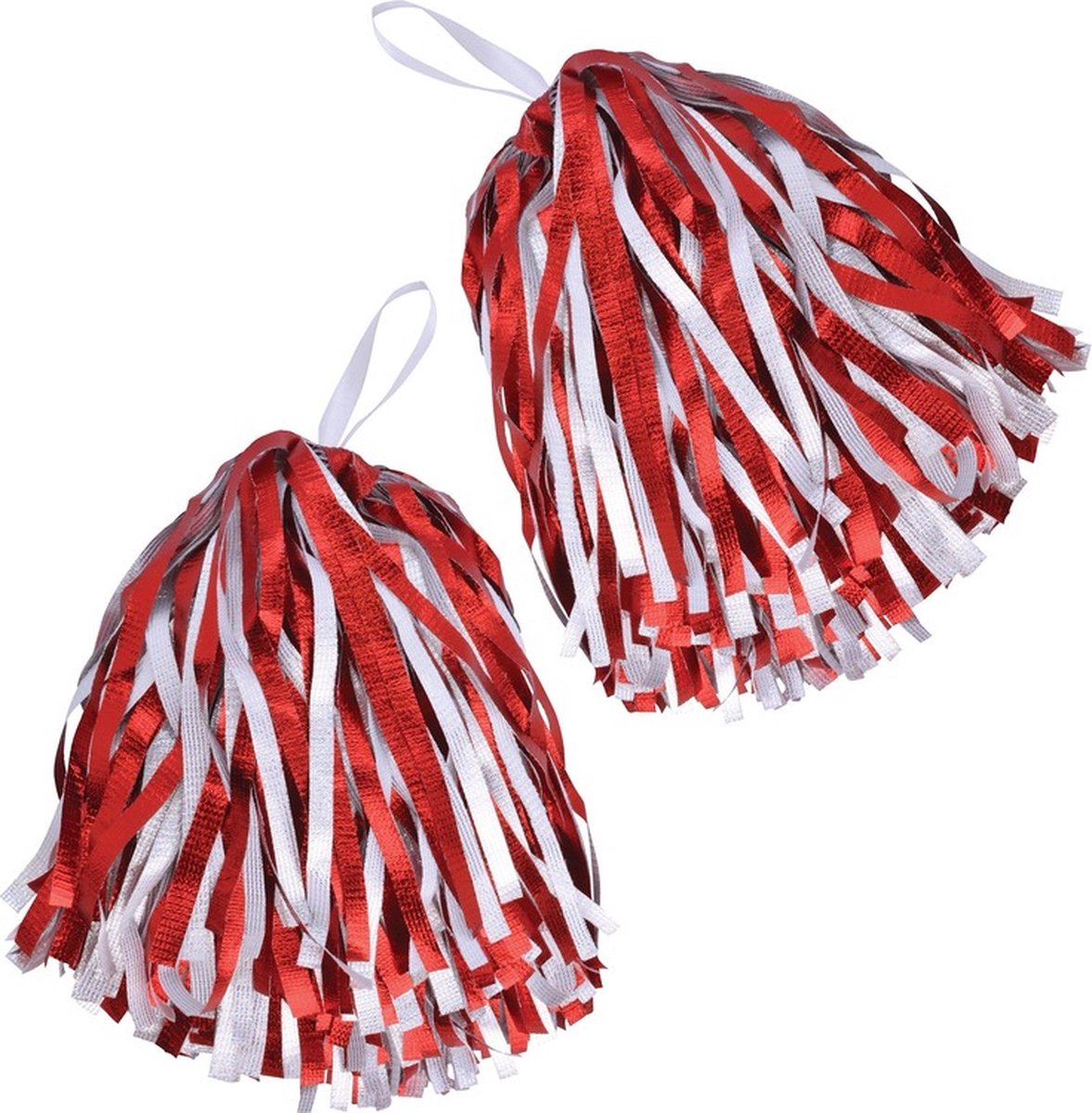 Cheerballs/pompoms - 4x - rood/wit - polyester - Cheerleaders - Cheerleaders verkleed accessoires