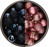 Bellatio Decorations Kerstballen mix - 74-delig - velvet roze en donkerblauw - 6 cm - kunststof