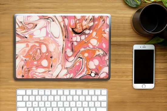 Laptop sticker - 14 inch - Marmer print - Oranje - Roze - 32x5x23x5cm - Laptopstickers - Laptop skin - Cover