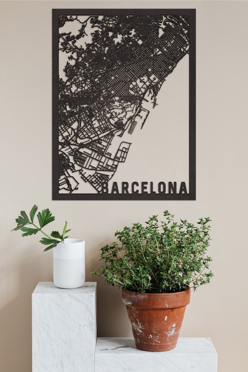 Houten Stadskaart Barcelona Zwart Mdf 100x75cm Wanddecoratie Voor Aan De Muur City Shapes