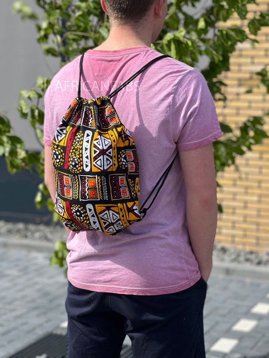 Sac à dos imprimé africain / sac de sport / sac d'école avec cordon de serrage - Bogolan Oranje / jaune - sac à cordon