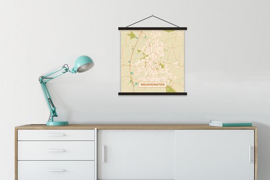 Porte-affiche avec affiche - Affiche scolaire - Neumünster - Vintage - Carte - Plan de la ville - Plan d'étage - 60x60 cm - Lattes noires - Plan d'étage