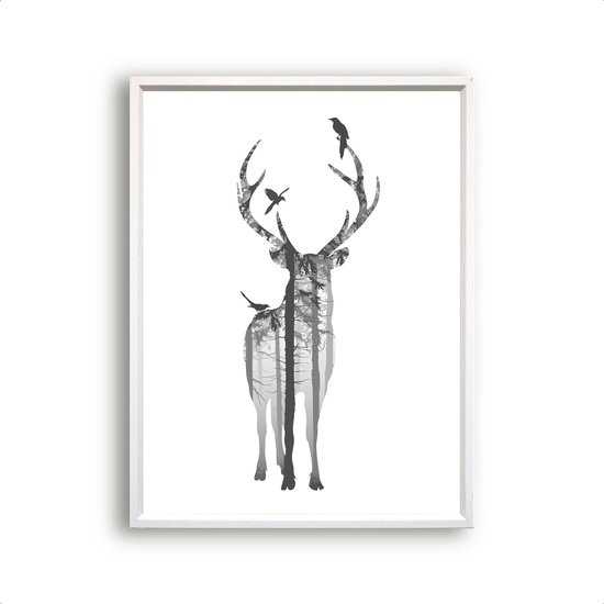 Poster Hert in het zwart / wit bos / Bos / 30x21cm