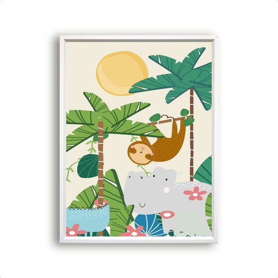 Poster Vintage jungle nijlpaard luiaard zonnetje rechts - Vintage jungle / kinderkamer / safari dieren / Jungle / Safari / Dieren Poster / Babykamer - Kinderposter 50x40cm